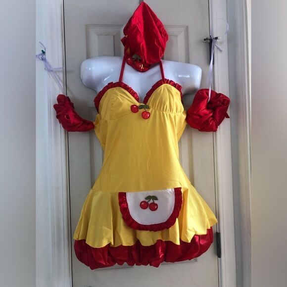 Yellow and Red Cherry Apron Dress - Picture 1 of 14